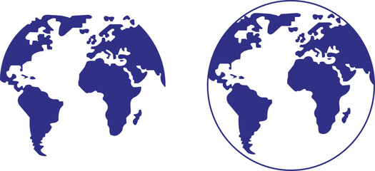  Set of blue Earth with different sides, geography and cartography Fill icons. Hemispheres and globes with world maps showing countries and continents collection isolated on transparent background.