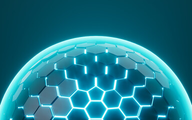Poster - Abstract hexagonal sphere, neon glowing sphere, 3d rendering.