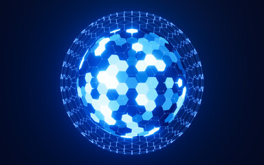 Poster - Abstract hexagonal sphere, neon glowing sphere, 3d rendering.