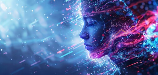 Futuristic depiction of human face integrated with vibrant digital elements, glowing lines and abstract background. Concept of AI and technology.