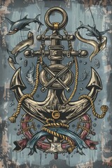 Poster - Anchor with rope and fish