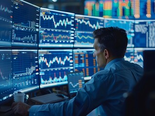 Poster - Busy traders analyzing live trading data at financial exchange