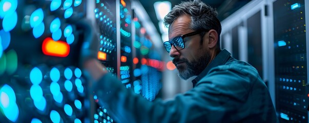 Poster - it technician repairing server in large data center with rows of servers in background