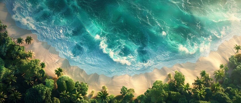 Stunning aerial view of a tropical coastline with lush greenery and turquoise ocean waves crashing onto the sandy shore.