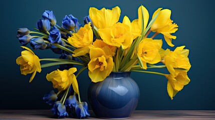 Poster - tulips blue and yellow flowers