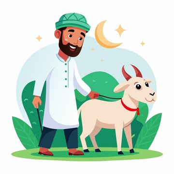 a muslim man celbrating eid al-adha with his goat