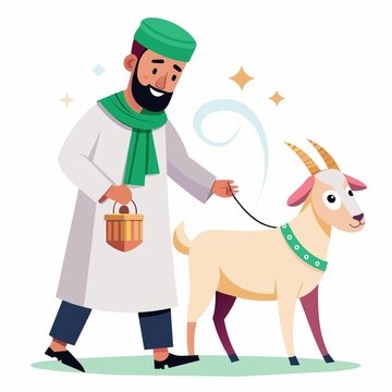 a muslim man celbrating eid al-adha with his goat