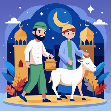a muslim man celbrating eid al-adha with his goat