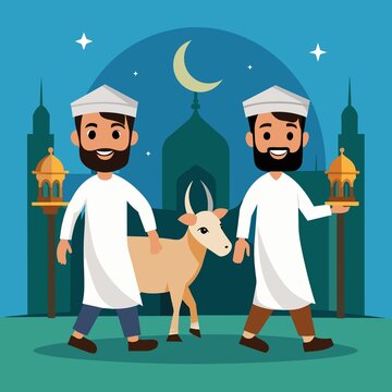 a muslim man celbrating eid al-adha with his goat
