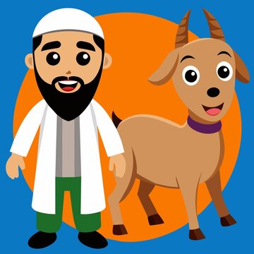 a muslim man celbrating eid al-adha with his goat