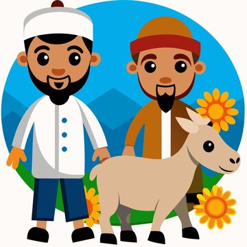 a muslim man celbrating eid al-adha with his goat