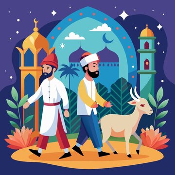 a muslim man celbrating eid al-adha with his goat