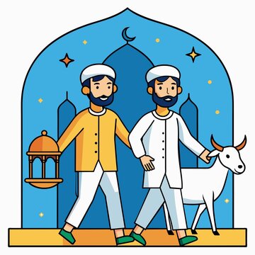 a muslim man celbrating eid al-adha with his goat