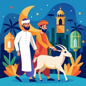 a muslim man celbrating eid al-adha with his goat