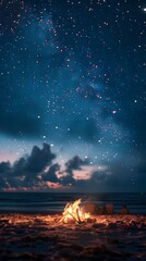 Wall Mural - Cozy Beach Campfire under Starry Night Sky with Gathered Friends