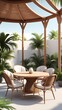 © Five Million Stock - Terrace with outdoor furniture round table chairs gazebo and palm trees Exotic summer patio