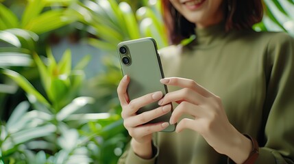 Woman holding smartphone sending message online. Smiling woman surfing internet wireless on mobile device. Talking on video call through webcam. Technology concept.