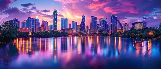 A beautiful sunset sky with vivid pink and purple clouds over a cityscape adjacent to a river and bridge