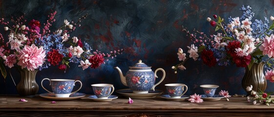 A classic still life composition featuring an ornate teapot, cups, and an arrangement of beautiful flowers