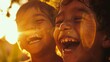 © Tonton54 - Two children laughing joyfully in the warm sunlight, capturing a moment of pure happiness and innocence in the golden hour.