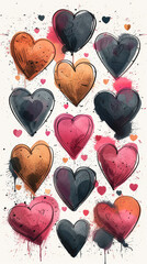 Wall Mural - A set of hearts drawn by watercolor paints on a white background.