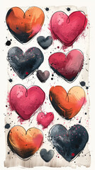Wall Mural - A set of hearts drawn by watercolor paints on a white background.