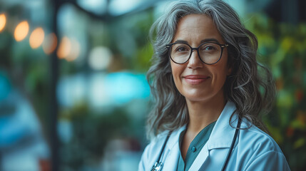 Poster - A woman wearing a white lab coat and glasses is smiling. women portrait on outdoor.