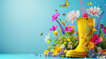 Wall Mural - Yellow rubber boot full of colorful spring flowers with butterflies and bees on blue background. Spring is here concept. 3D Rendering, 3D Illustration