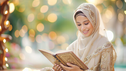 A beautiful Muslim woman with a good personality and fit physique, wearing traditional attire, sitting, looking and reading to Quran, again blurred mosque background