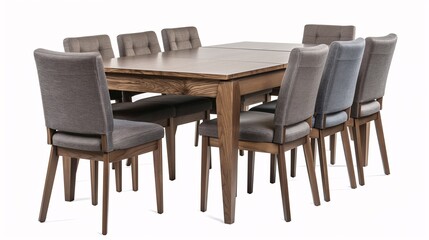 Elegant wooden dining table set with eight cushioned chairs, perfect for family gatherings and home dining. Modern design with comfortable seating.