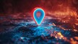 © naphat - A blue location pin icon with earbuds coming out of it, 3D rendering illustration. A simple red and dark background with minimal gradient for the map mark pin location icon on mobile app or website.