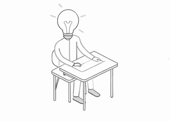 Wall Mural - Continuous one line drawing of man with bulb as head reading book on the armchair. Bulb head reading book in single outline vector illustration. bulb head, idea concept
