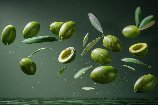 Fresh green olives on a dark background