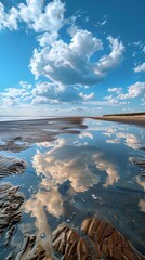 Poster - Serene Beach at Low Tide with Reflective Tidal Pools and Dramatic Sky