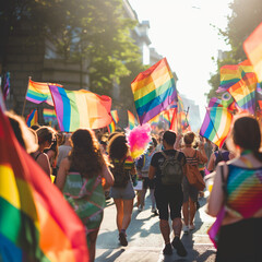 LGBTQIA pride parade with vibrant flags and smiling faces