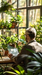 Poster - businessperson using tablet for video conference in bright modern office with plants