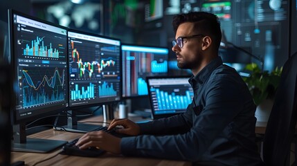 Poster - Business Analyst Examining Data on Multiple Screens in Modern Tech Office