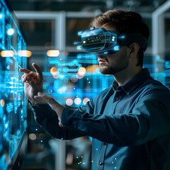 Poster - businessperson using augmented reality for futuristic data visualization in high tech office setting