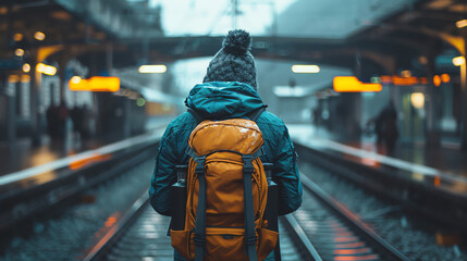 travel person waiting at train station in city