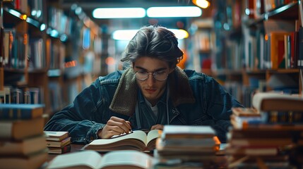 Poster - Dedicated Student Studying Late at Night in the Library Surrounded by Books and Notes Focused on Learning and Academic Pursuits
