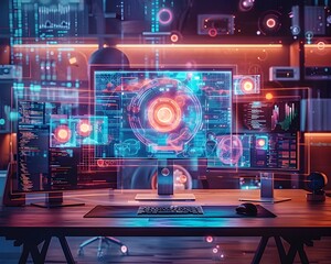 Poster - Futuristic Digital Art Studio with Virtual Reality Tools and Holographic Canvases