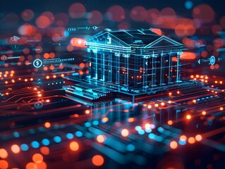 Poster - Futuristic Bank with Holographic Interfaces and Advanced Financial Technology Concept