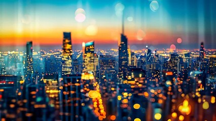 Wall Mural - A high angle view of a blurry cityscape at night with bokeh lights