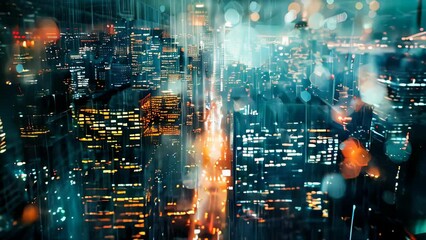 Poster - A high angle view of a blurry cityscape at night with bokeh lights