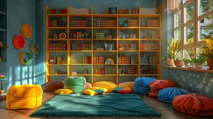 Poster - Cozy and Inviting Elementary Classroom Reading Corner with Bookshelves and Comfy Pillows