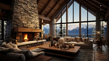 Poster - fireplace mountain home interior