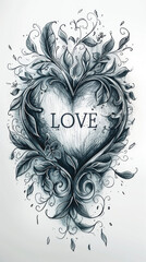 Wall Mural - Drawing of a heart with the word Love written on it.