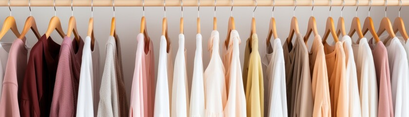 A closet full of clothes with a white shirt hanging in the middle. The clothes are all different colors and styles
