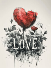 Wall Mural - Watercolor card design with heart and word Love.