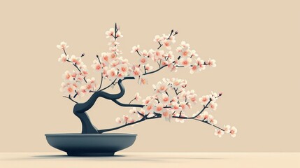 Elegant bonsai tree with delicate cherry blossoms in a minimalist pot, creating a serene and beautiful aesthetic. Ideal for nature lovers.